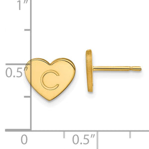 Yellow gold initial heart stud beside a ruler showing it is under half an inch wide