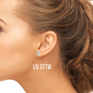 Pave diamond heart stud earring worn on the ear, labeled 1/6 cttw