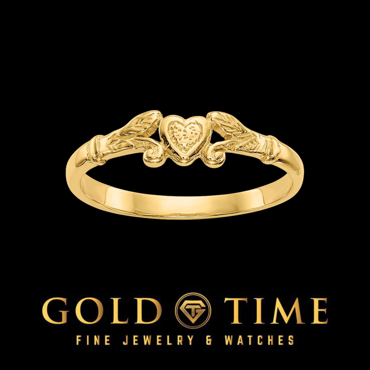 Yellow gold heart and leaf ring with a textured heart between sculpted leaves