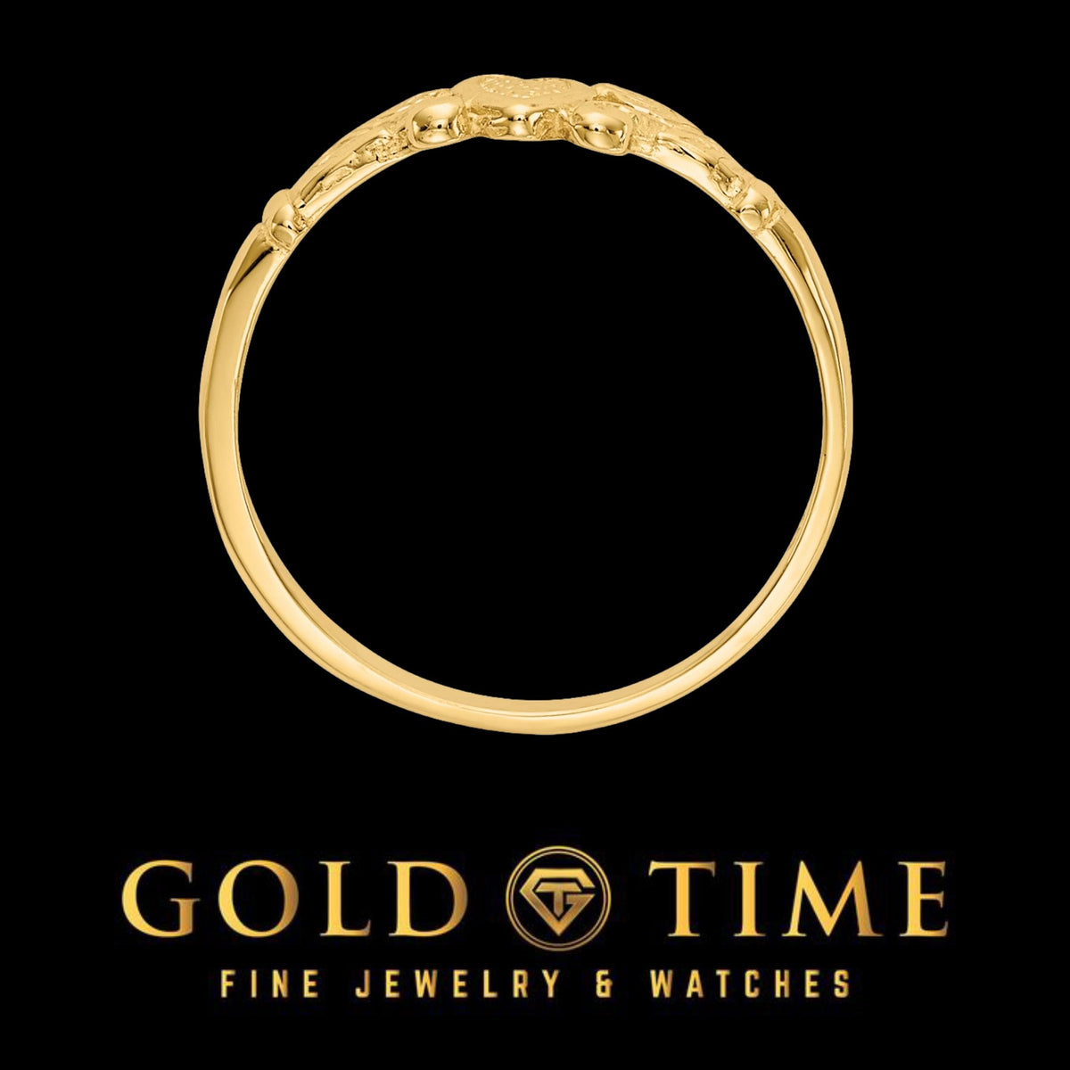 Yellow gold heart and leaf ring viewed straight through the band