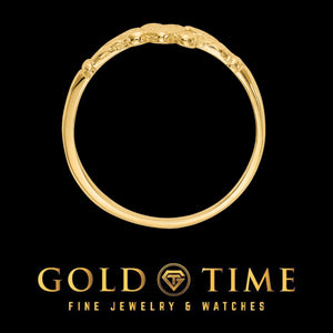 Yellow gold heart and leaf ring viewed straight through the band