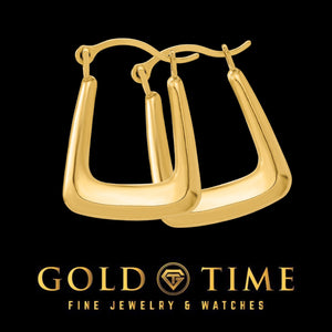 Pair of puffed yellow gold square hoops overlapping on a black Gold Time background