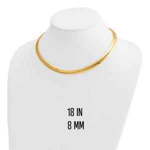 8mm yellow gold omega necklace, 18 inch, on a display bust