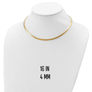 4mm yellow gold omega necklace, 16 inch, on a display bust