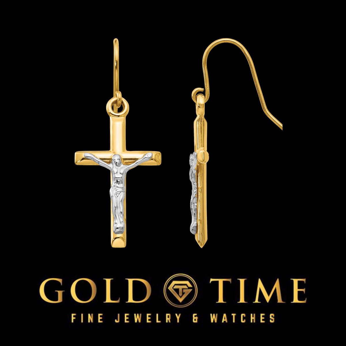 10k or 14k Two Tone Gold Crucifix Dangle Earrings, Cross Earrings, Religious Jewelry Gift