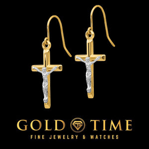 Two-tone crucifix earrings from front and back angles