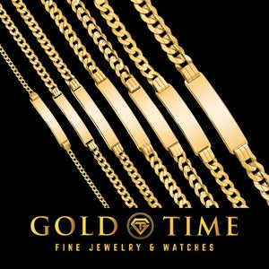 Yellow solid gold curb Cuban link ID bracelets in several widths