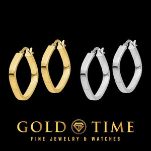 Pairs of yellow gold and white gold rounded square hoops angled side by side