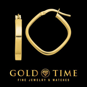 Yellow gold rounded square hoop earring, front and side views