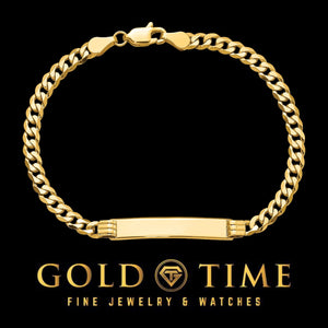 Yellow solid gold curb Cuban link ID bracelet with lobster claw clasp