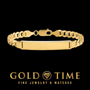 Yellow solid gold curb Cuban link ID bracelet, plate front view
