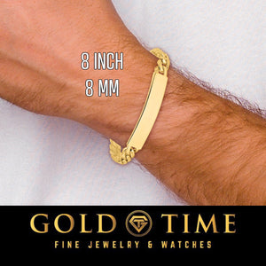 Man wearing an 8 inch 8mm yellow solid gold curb Cuban link ID bracelet