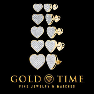 Five sizes of pave diamond heart stud earrings stacked from smallest to largest above the Gold Time logo