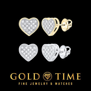 Pave diamond heart stud earrings in yellow gold and white gold with screw backs