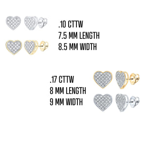 Size chart for the 1/10 cttw and 1/6 cttw diamond heart studs with length and width