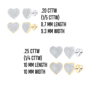 Size chart for the 1/5, 1/4, and 1/2 cttw diamond heart studs with length and width