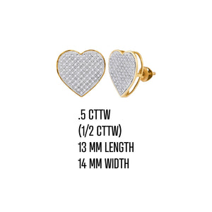 Yellow gold 1/2 cttw pave diamond heart studs with screw backs