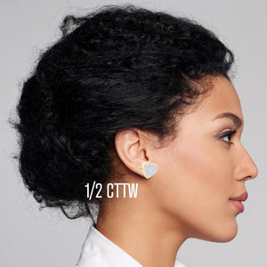 Pave diamond heart stud earring worn in profile, labeled 1/2 cttw