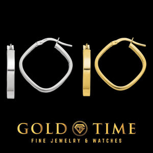 Rounded square hoop earrings in white and yellow gold, front and side views, on a black Gold Time background