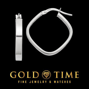 White gold rounded square hoop earring, front and side views