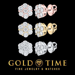 Three pairs of gold and diamond flower cluster stud earrings in white, rose and yellow gold on a black Gold Time card