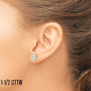 Ear wearing a 1 1/2 cttw diamond flower cluster stud earring