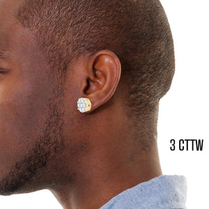 Man wearing a 3 cttw diamond flower cluster stud earring