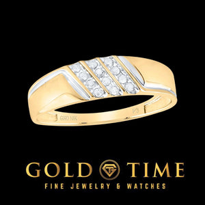 Yellow gold men's band with three diagonal channel-set rows of diamonds