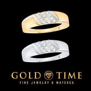 Yellow gold and white gold men's diamond bands with three diagonal rows of diamonds above the Gold Time logo