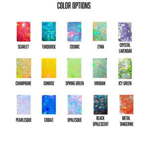 Enamel color options chart with fifteen swatches, including Scarlet, Turquoise, Cosmic, Cobalt, Black Opalescent, and Metal Tangerine
