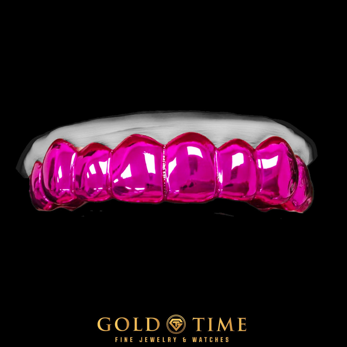 Front view of a Neon Rose pink chrome grill with a mirror bright finish on a dental mold