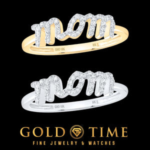 Two 10K gold Mom rings with diamonds along the script letters, one yellow and one white, on black