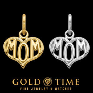 Yellow and white gold open heart charms with MOM cut through the center, on black