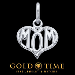 White gold open heart Mom charm on black