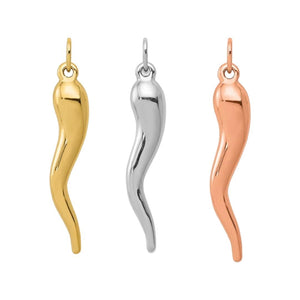 Yellow, white, and rose gold Italian horn charms side by side on white