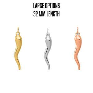 Large 32mm Italian horn charms in yellow, white, and rose gold