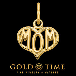 Yellow gold open heart Mom charm on black