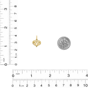 Mom heart charm beside a dime and ruler for size