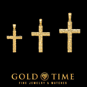 Yellow gold nugget cross pendants in small, medium, and large