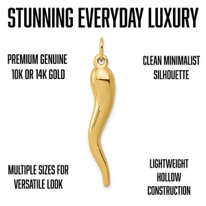 Infographic of a yellow gold Italian horn charm listing genuine 10K or 14K gold, multiple sizes, and hollow construction