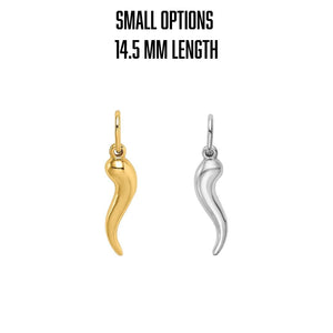Small 14.5mm Italian horn charms in yellow and white gold