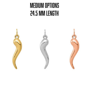 Medium 24.5mm Italian horn charms in yellow, white, and rose gold