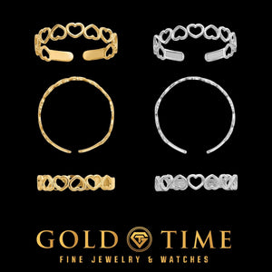 Open heart toe ring in yellow gold and white gold, shown from three angles