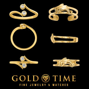 Bypass bezel CZ toe ring and double dolphin toe ring in yellow gold, shown from three angles