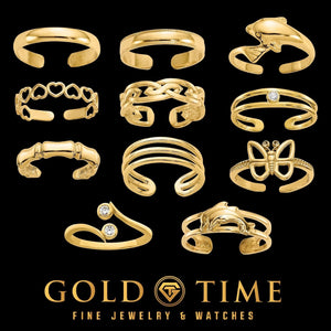 Collection of 11 gold toe ring designs including dolphins, butterfly, Celtic knot, and CZ styles