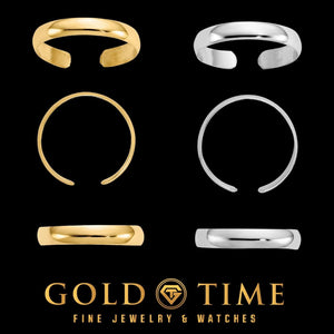 Solid polished toe ring in yellow gold and white gold, shown from the front, top, and side