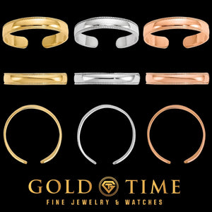 Solid polished toe ring in yellow, white, and rose gold, shown from three angles