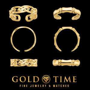 Celtic knot toe ring and bamboo toe ring in yellow gold, shown from three angles