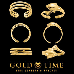 3-row toe ring and single dolphin toe ring in yellow gold, shown from three angles