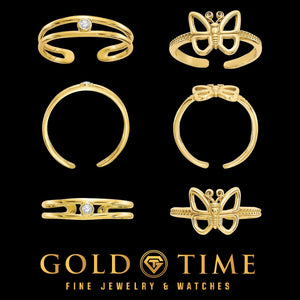 Bezel CZ toe ring and butterfly toe ring in yellow gold, shown from three angles